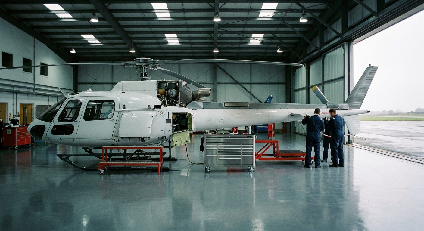 Helicopter under maintenance in the MCSA hangar