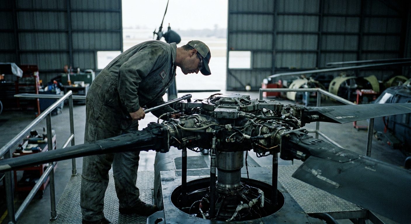 Technician inspecting a main rotor head